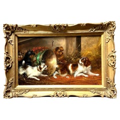 Frank Cassell Victorian Oil Painting of Terriers in a Barn Late 19th Century