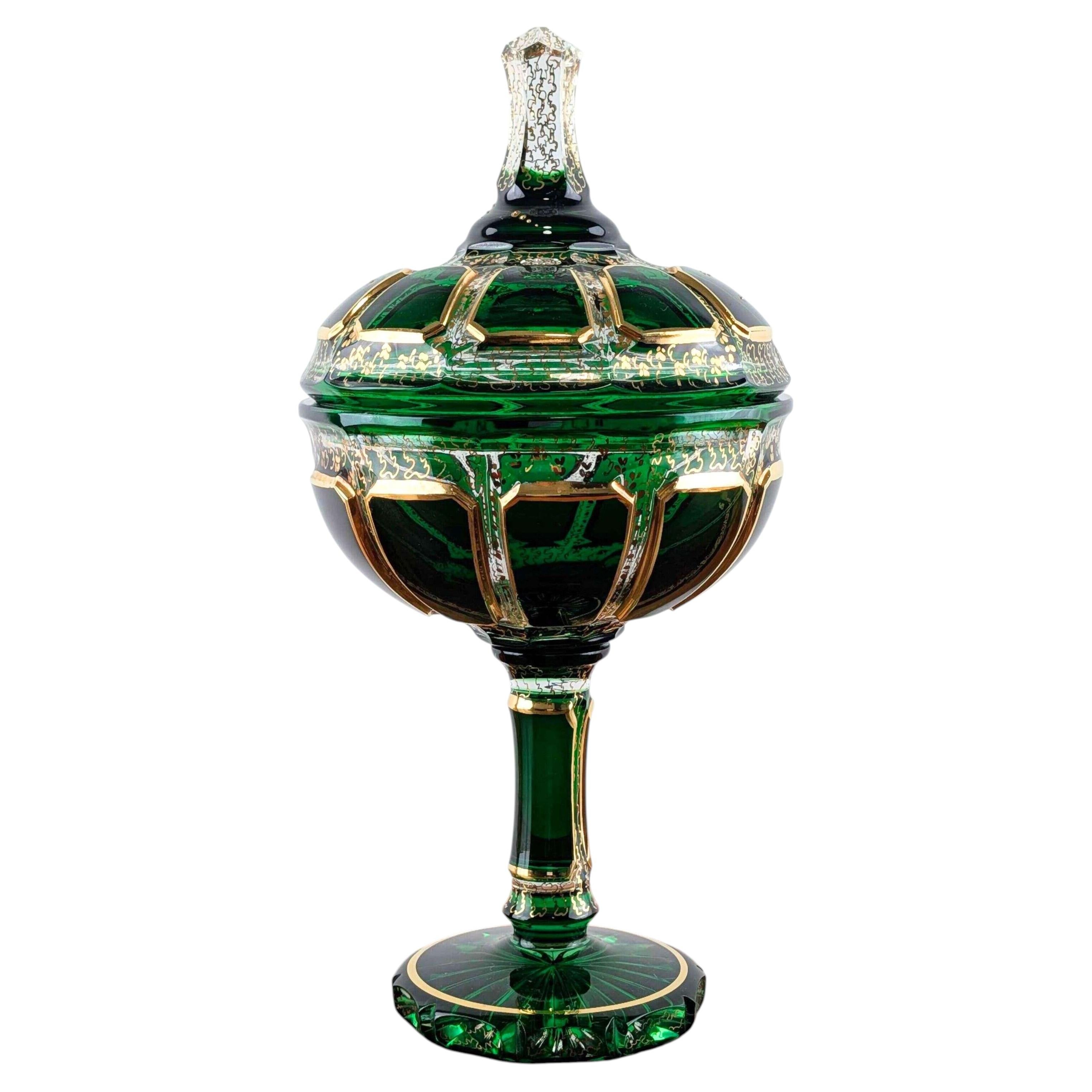 Moser Emerald Green Cabochon Cut-to-Clear Crystal Pedestal Covered Jar, Bohemia