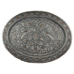 Persian Isfahan Silvered Copper Ghalamzani Wall Tray with Peacocks, circa 1920