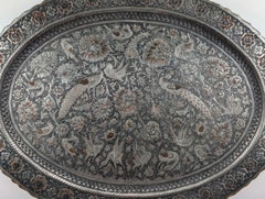 Persian Isfahan Silvered Copper Ghalamzani Wall Tray with Peacocks, circa 1920