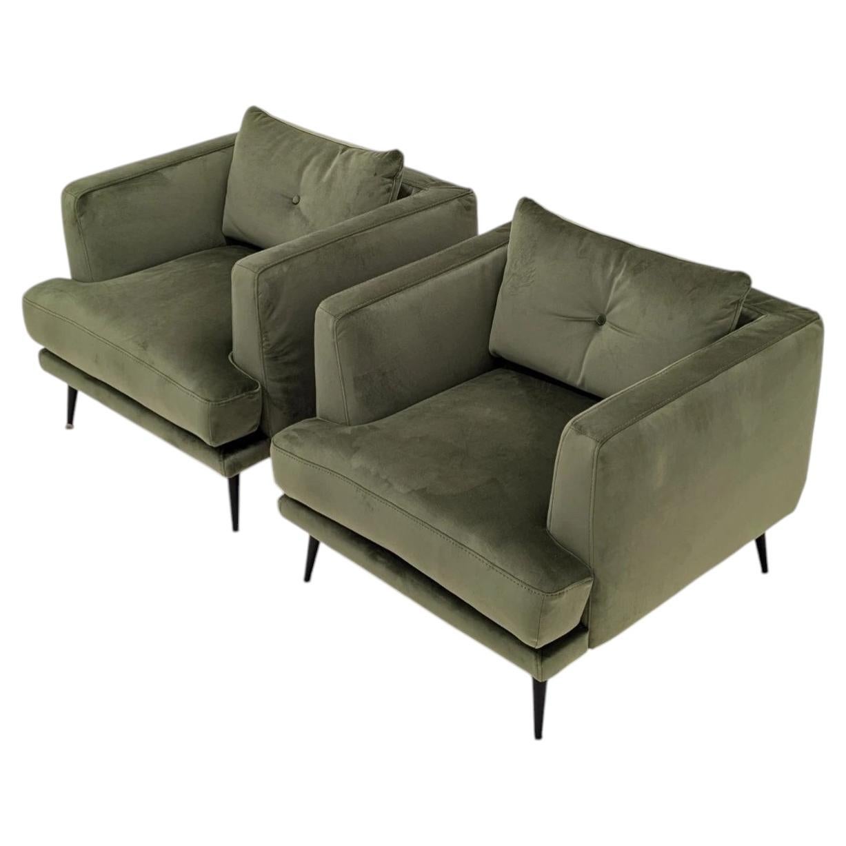 Designer Pair of Egoitaliano Sophia Green Velvet Lounge Armchairs For Sale