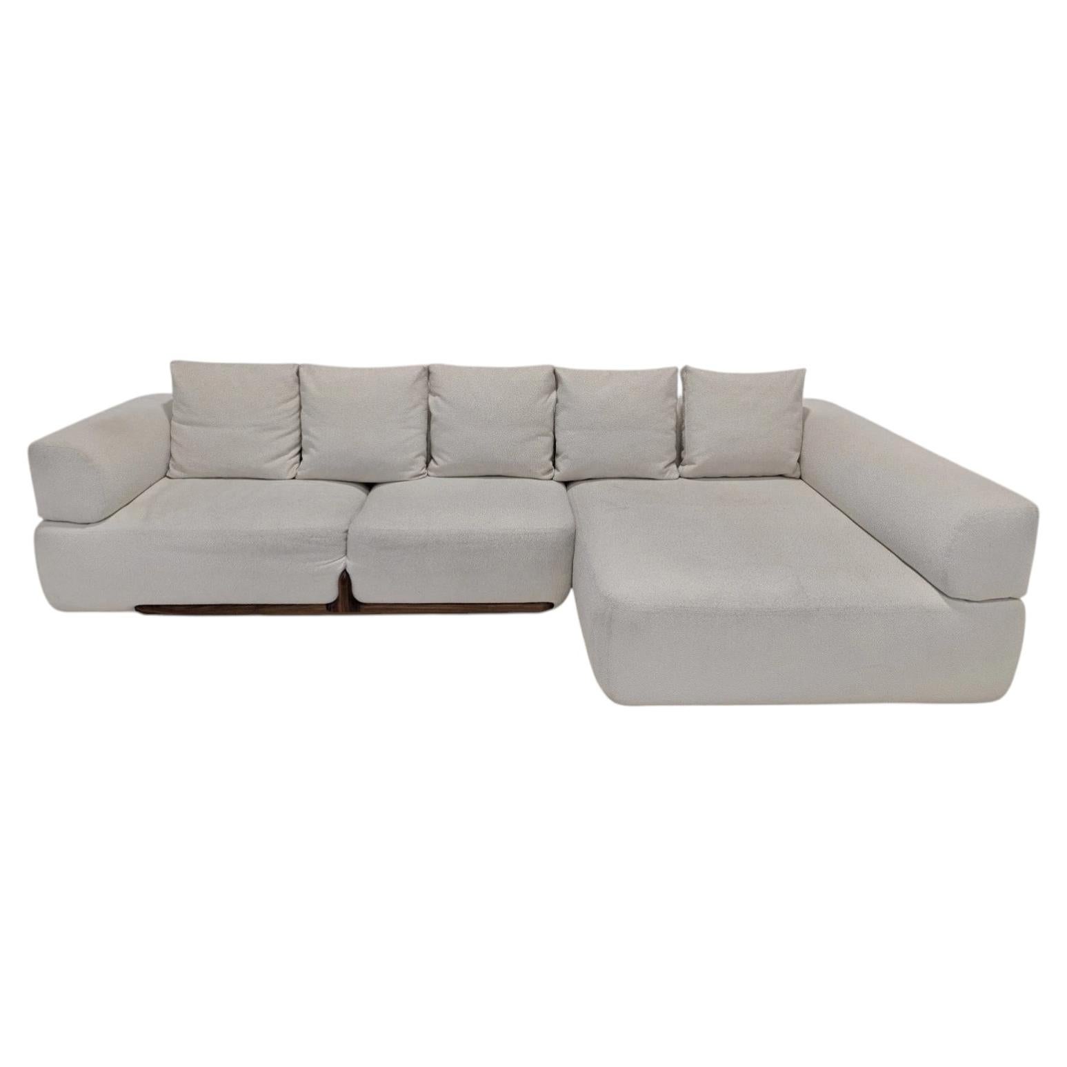 Porada Klem Modular Italian Sectional Sofa in Cream Fabric and Canaletta Walnut For Sale