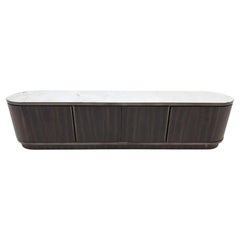 Laskasas Brown Curved TV Cabinet in Dark Wood with White Marble Top
