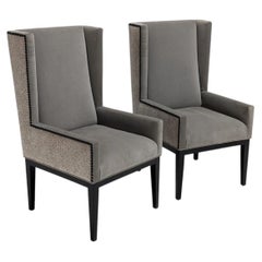 Pair of Custom Contemporary Wingback Armchairs in Grey Velvet Fabric