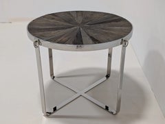 Table basse ronde contemporaine en bois de récupération et chrome