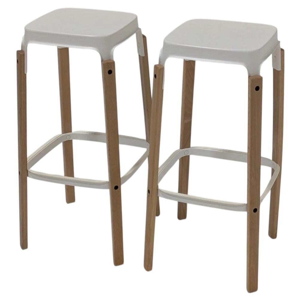 Magis Steelwood Designer Stools in Natural Beech & White