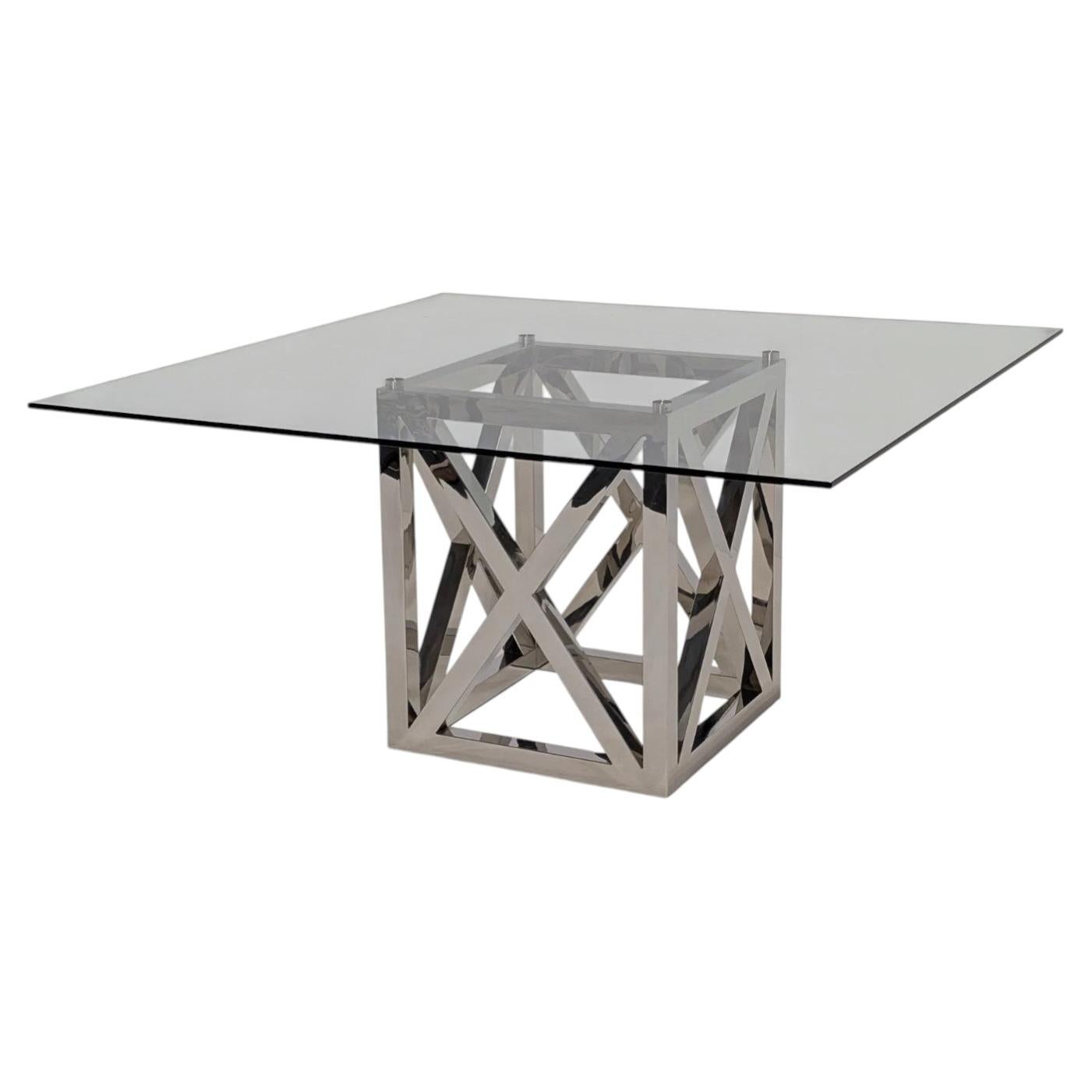 Mesa de comedor cuadrada contemporánea de cromo y cristal con base escultural en venta