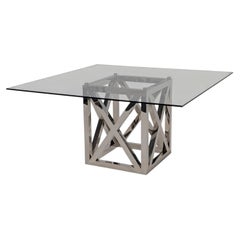 Contemporary Chrome and Glass Square Dining Table with Sculptural Base