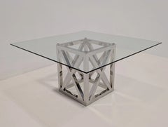 Contemporary Chrome and Glass Square Dining Table with Sculptural Base