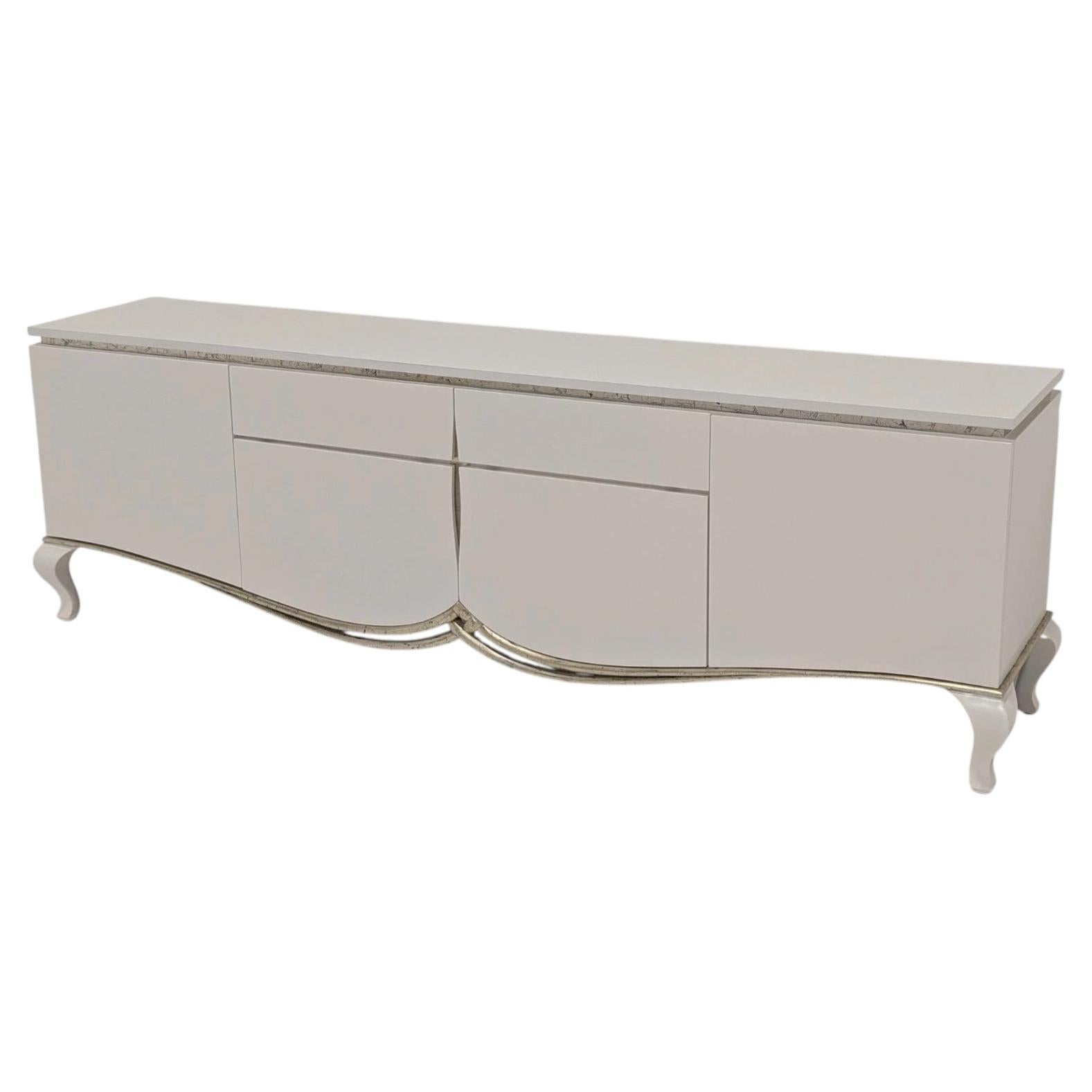 Christopher Guy Harper Designer White Lacquer Silver Leaf Sideboard Cabinet For Sale