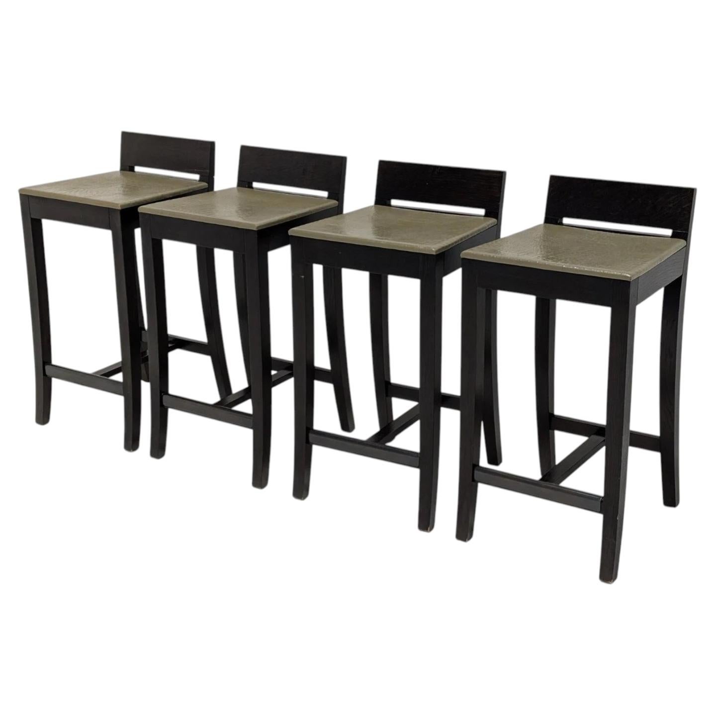 Promemoria Italian Beechwood Stools with Green Reptile-Embossed Leather Seats For Sale