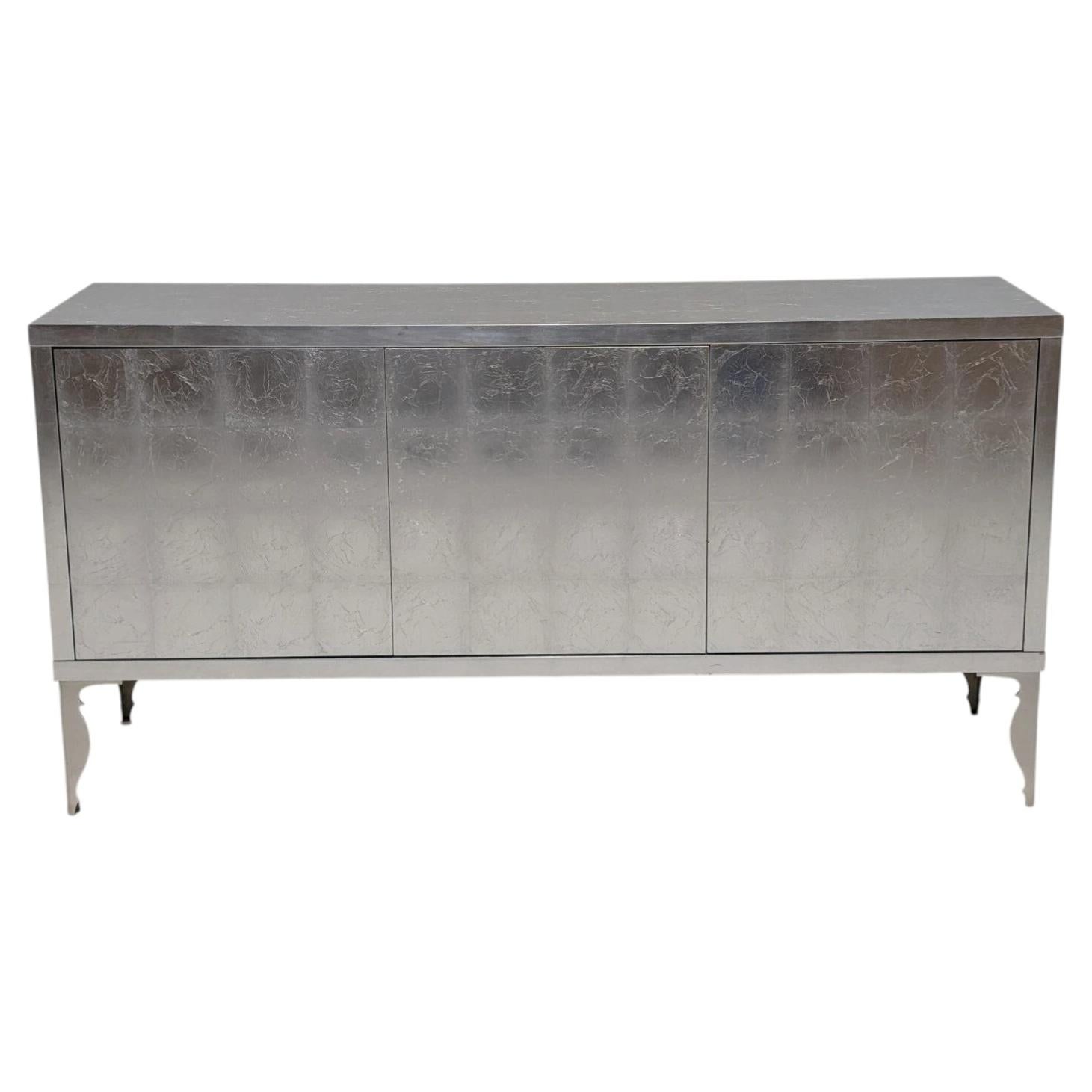Juliette's Interiors Silver Leaf Three Door Designer Sideboard For Sale
