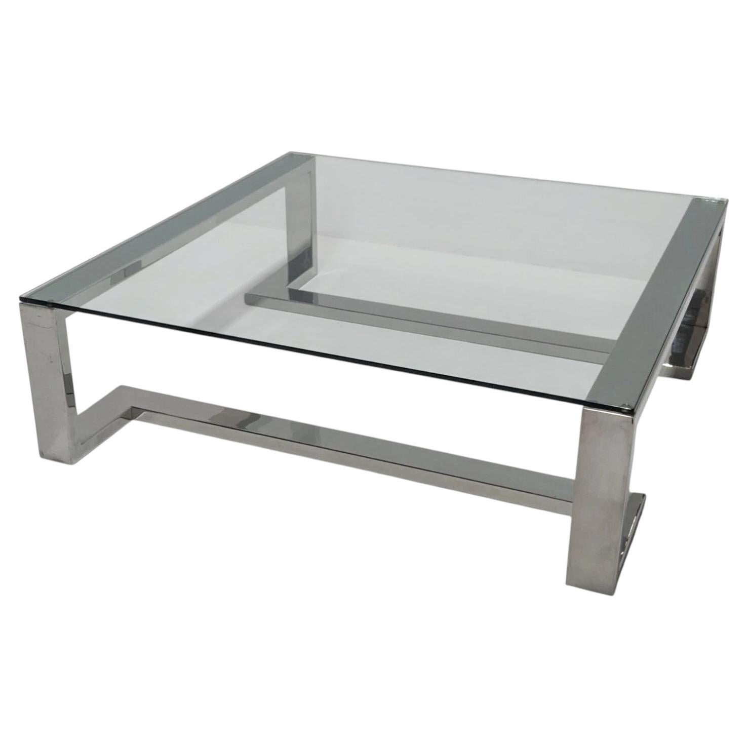 Contemporary Square Designer Glass Coffee Table in Chrome For Sale