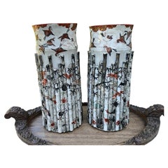 Rare Pair of Antique Japanese Kutani Bamboo Vases with Birds and Insects Signed