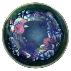 Rare ca. 1930 Moorcroft Orchid Art Deco Large Blue Green Shallow Bowl 11"