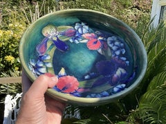 Rare ca. 1930 Moorcroft Orchid Art Deco Large Blue Green Shallow Bowl 11"