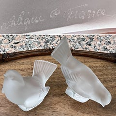 Rare Lalique France Pair Sparrows Head Up & Down Figurines Signed