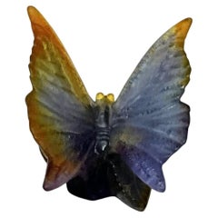 Daum Nancy Pâte de Verre Butterfly on Rose Leaf Art Glass Paperweight, Signed