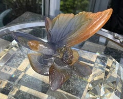 Daum Nancy Pâte de Verre Butterfly on Rose Leaf Art Glass Paperweight, Signed