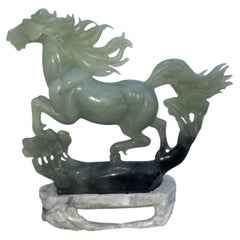 Large Chinese Carved Hardstone Horse Sculpture with Pierced Stand