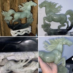 Large Chinese Carved Hardstone Horse Sculpture with Pierced Stand