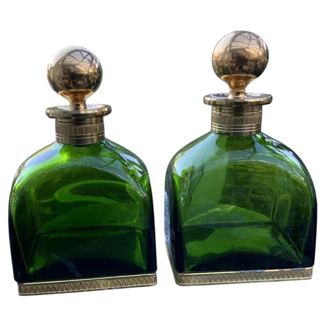 French Emerald-Green Glass Port Wine Decanters with Gilt-Bronze Mounts, ca. 1830 For Sale