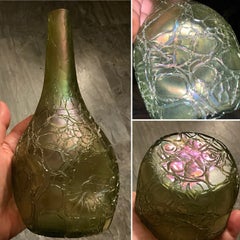 Rare Loetz Witwe “Crete” Iridescent Glass Vase, c. 1900, Green Art Nouveau 20cm
