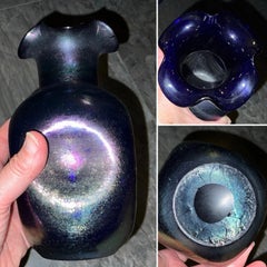 Rare Loetz Cobalt Blue Iridescent Glass Vase, c. 1900, Dimpled Bottle Form