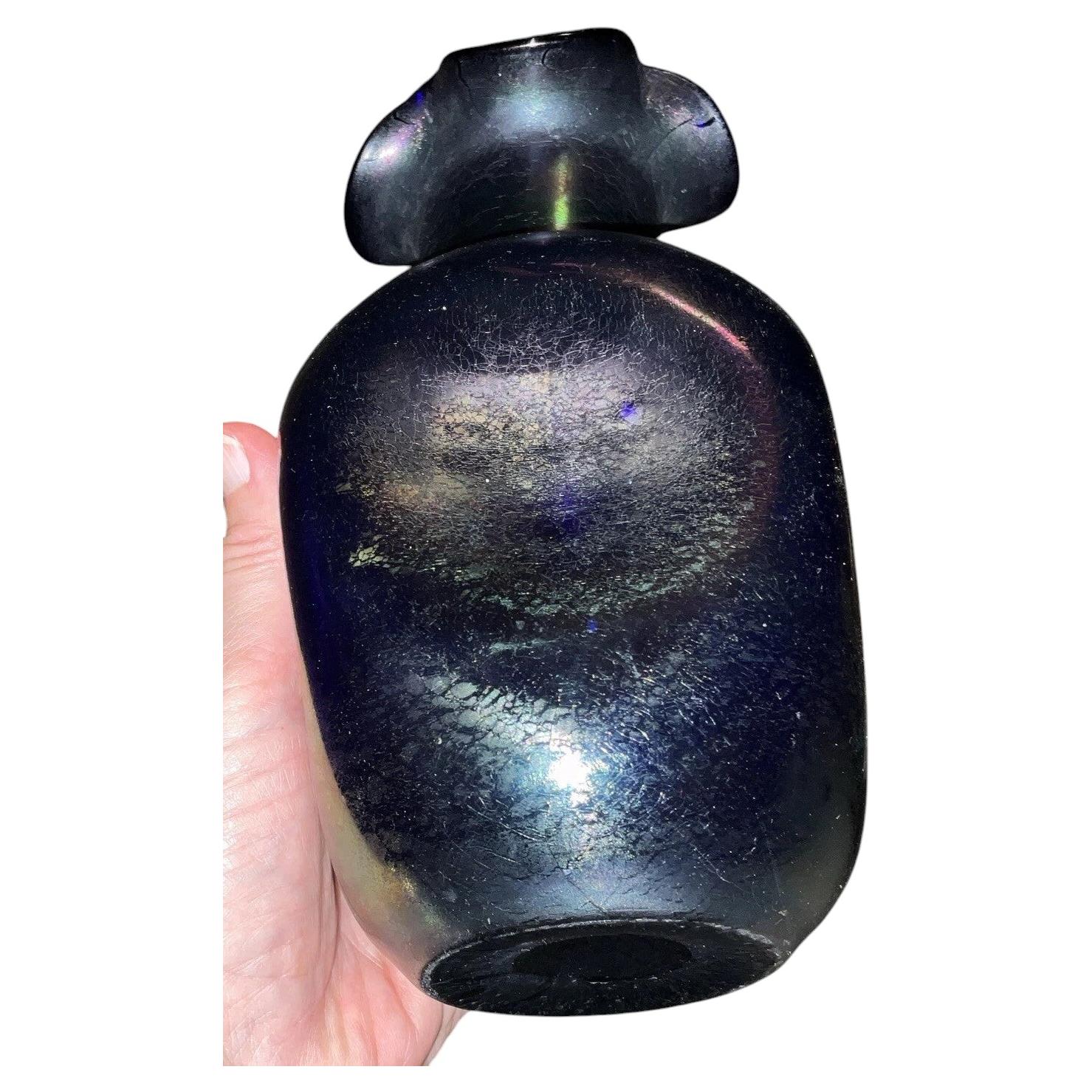 Rare Loetz Cobalt Blue Iridescent Glass Vase, c. 1900, Dimpled Bottle Form For Sale