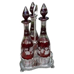 Rare Antique Egermann Ruby Triple Decanters Grapevine Engraved ca. 1900