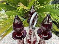 Rare Antique Egermann Ruby Triple Decanters Grapevine Engraved ca. 1900