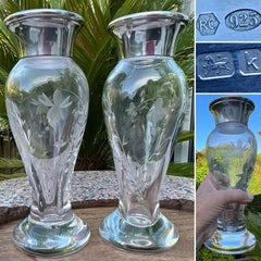 Pair Glass Baluster Vases 925 Silver Carr's Sheffield Fuchsia Engraved