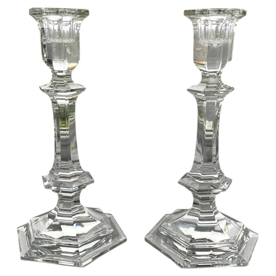 Rare Pair 8” French Baccarat Harcourt Crystal Cut Hexagonal Quality Candlesticks For Sale