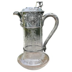 Antique London Sterling Silver Claret Jug Engraved Glass Green Man Floral ca1910