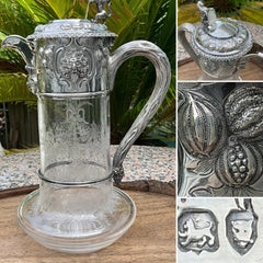 Antique London Sterling Silver Claret Jug Engraved Glass Green Man Floral ca1910