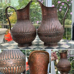 Antique Pair of 17th Century Safavid Deccan Indian Copper Repousse Water Ewers