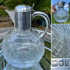 Cruche à vin rouge ancienne en argent massif et verre taillé, Horace Woodward, vers 1898