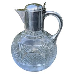 Cruche à vin rouge ancienne en argent massif et verre taillé, Horace Woodward, vers 1898