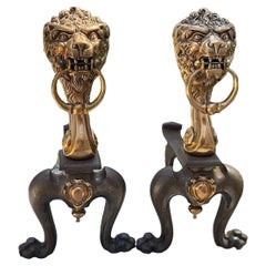 Superb Pair of Victorian Bronze Guardian Lion Fire Dogs, ca. 1880