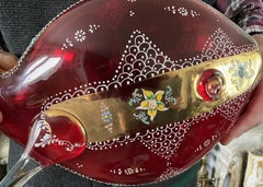 Large Moser Ruby Red Fish Crystal Vase 14”, Hand-Painted Enamel & 22k Gold