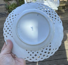 Antique Set of 3 Meissen Blue Onion Reticulated Tazza & Plates 19th Century