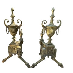 Pair of Victorian Brass Fire Dogs Andirons with Neoclassical Hoof Feet, ca. 1890
