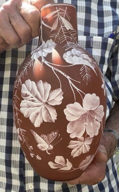 Antique Czech Harrach Art Nouveau Pink & White Enamel Cameo Glass Vase 11.5"