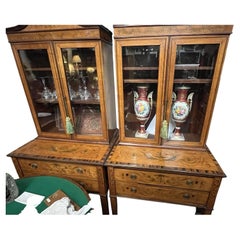 Pair of Antique Sheraton Revival Satinwood Marquetry Bookcases, ca. 1890