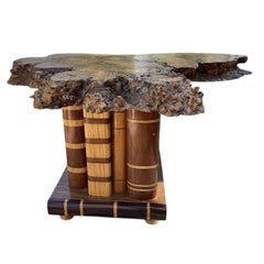 Bonsai Display Stand, Burr Elm Walnut Hardwood in Book-Form Inlaid Base 18"