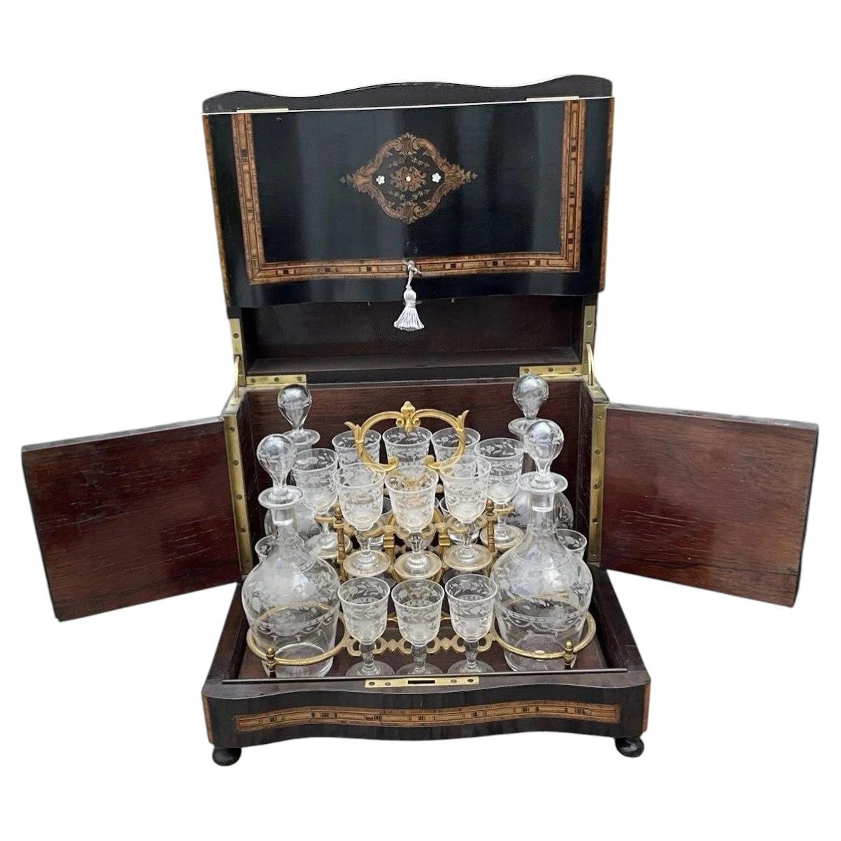 Antique Napoleon III Boulle Cave À Liqueur 20-Piece Set Cristallerie Du Pantin For Sale