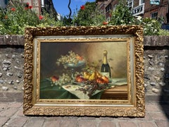 Tableau ancien français représentant une nature morte, à l'huile sur toile, vers 1900, dans un cadre doré ouvragé