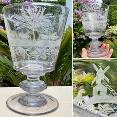 Large Dutch Georgian Flint Glass Rummer Engraved Windmill & Farmhouse ca. 1750