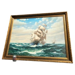 Large Antique Maritime Seascape Painting of a Sailing Ship, Mid Century