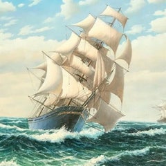 Large Antique Maritime Seascape Painting of a Sailing Ship, Mid Century